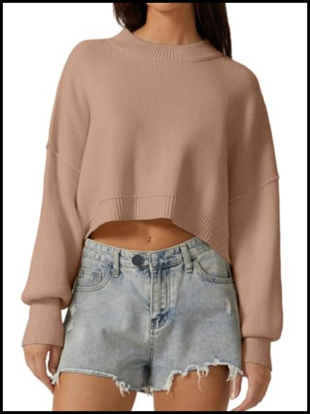 Women's Mock Neck Cropped Sweater Oversized Long Sleeve Knit Pullover